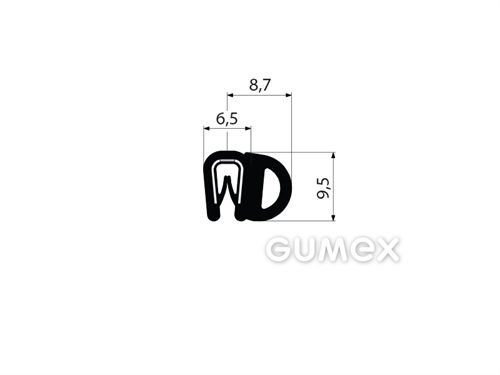 Profil U-PIRELI s kovovou výstužou s bočným tesnením A1101, 78°ShA, U-PVC, bruško-EPDM, -25°C/+70°C, čierny